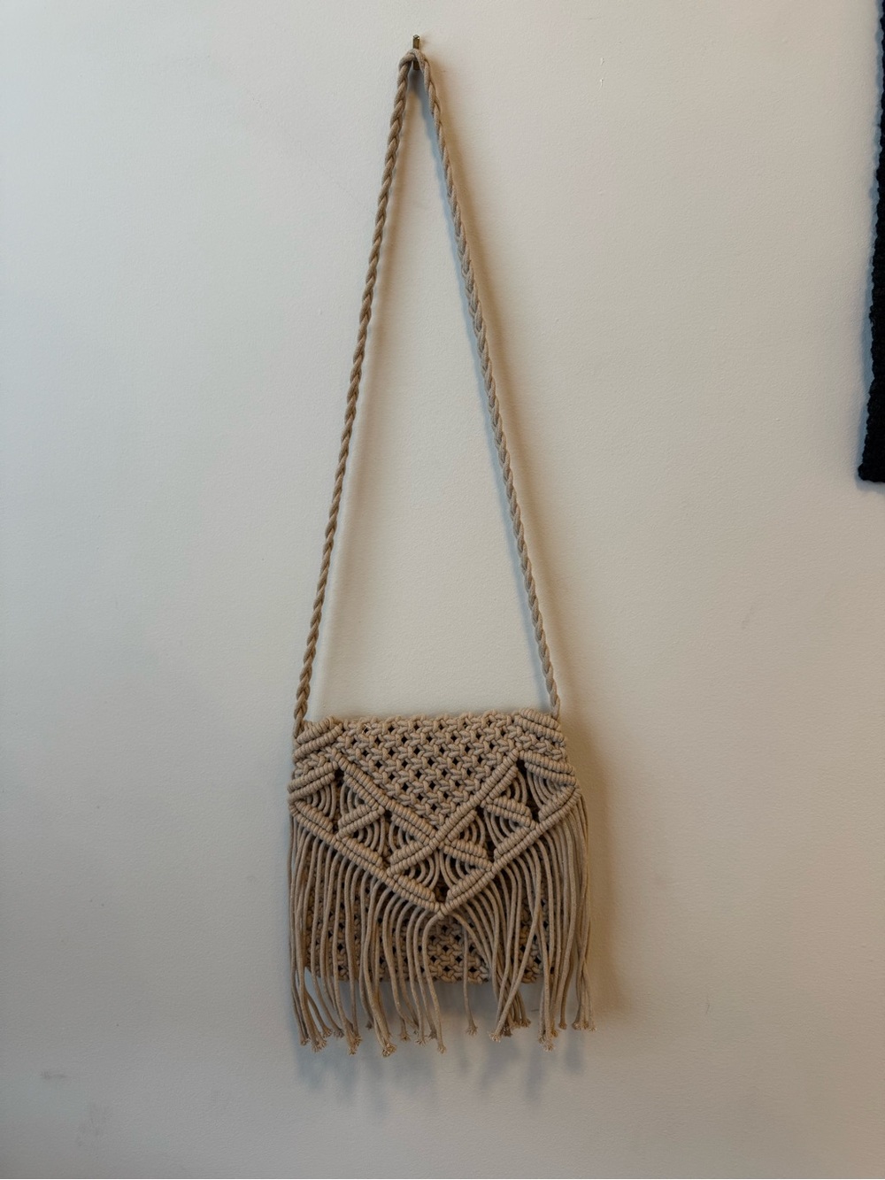 Boho Macrame Fringe Crossbody Bag in Beige